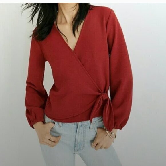 Madewell Long Sleeve Crepe Wrap Top Red - Picture 1 of 7